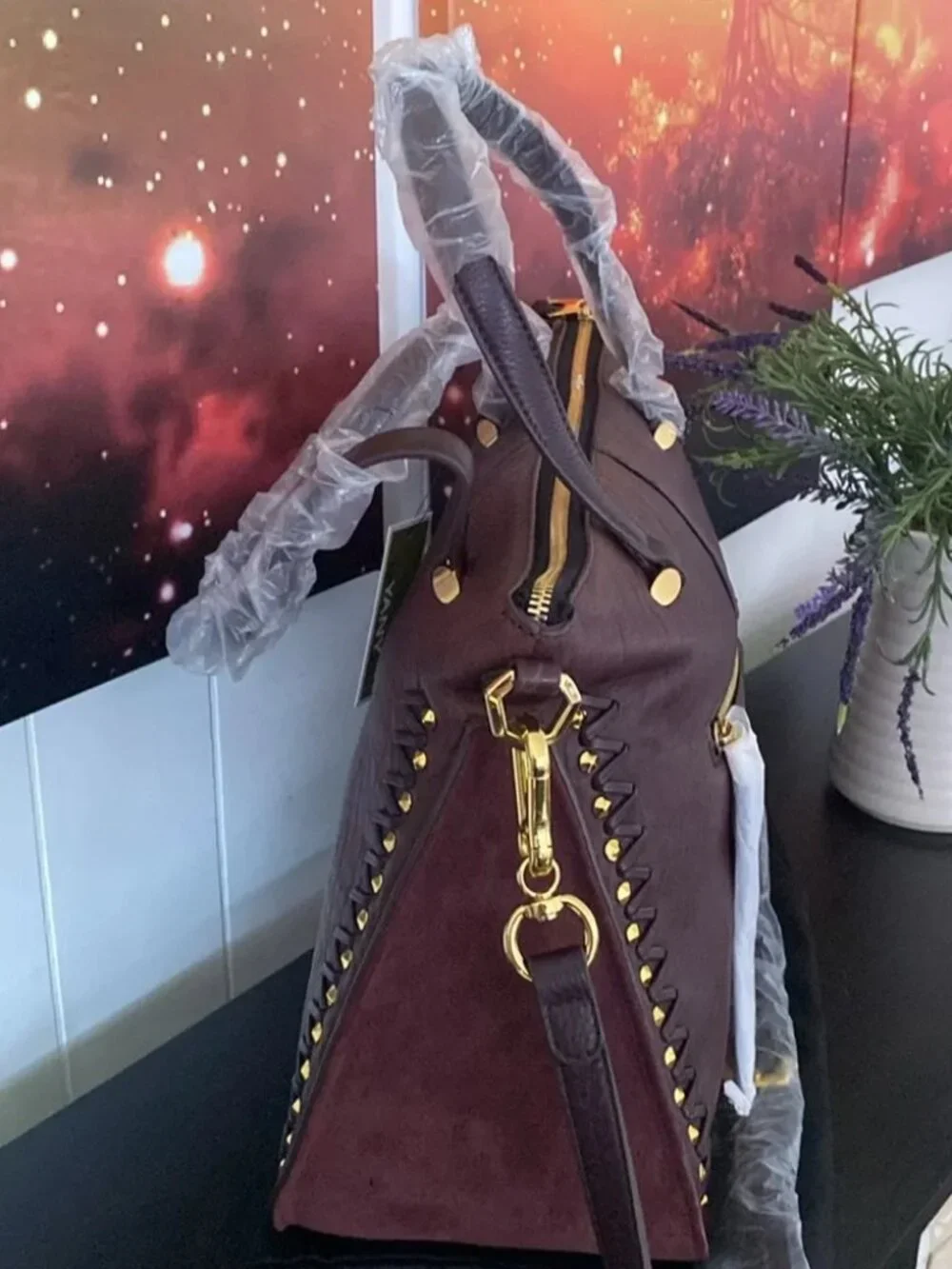 OrYany Leather Satchel Shoulder Bag Burgandy Gold Studs Hardware